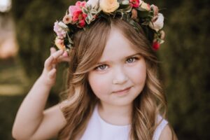 flower girl with sorbet coloured flower wreath by Foxglove Flowers Vancouver Island