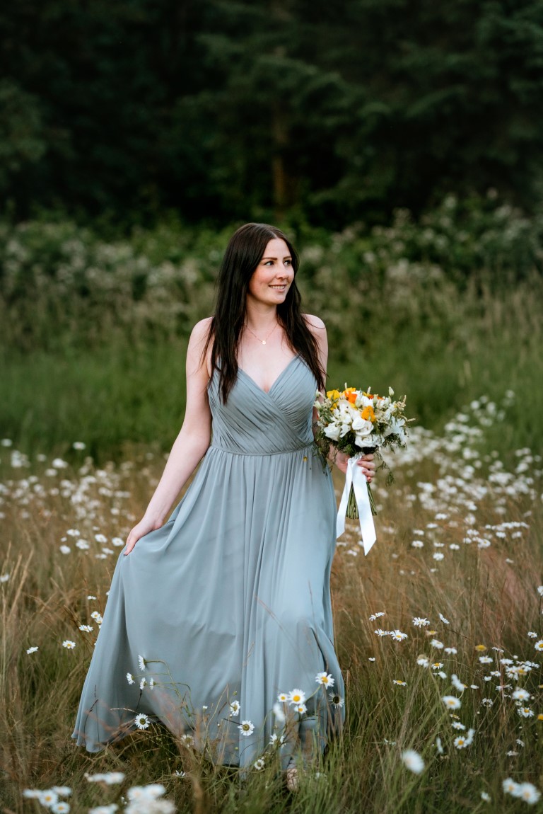 Bride wears La Chateau grey gown for mountaintop elopement
