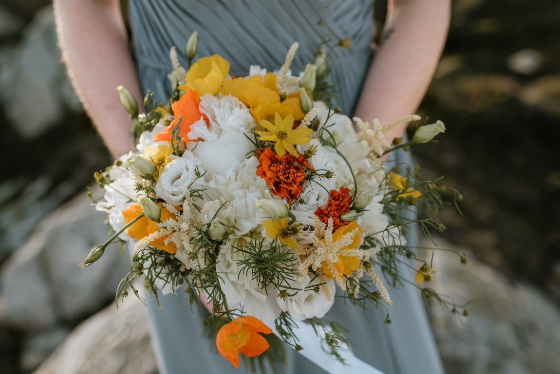 Yellow, orange and white brides bouquet by AJR Designs