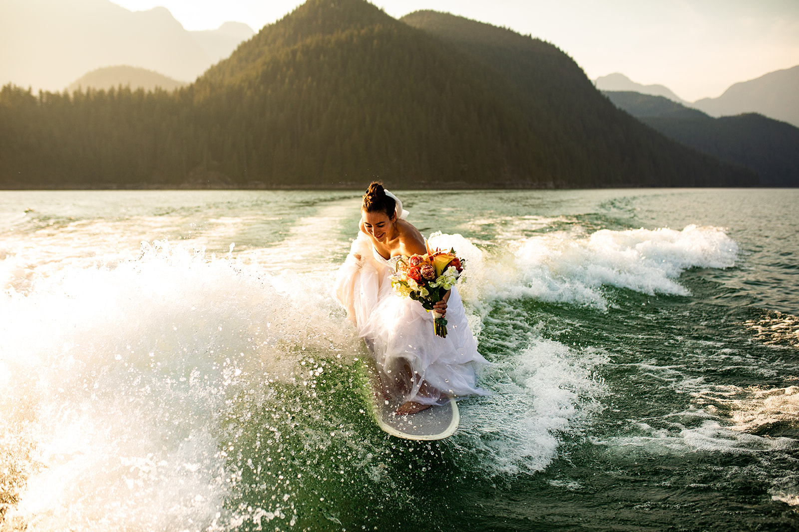 Bride Surfs on Bitchen Wave with Bouquet 