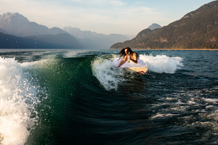 Bride surfs on Vancouver Lake