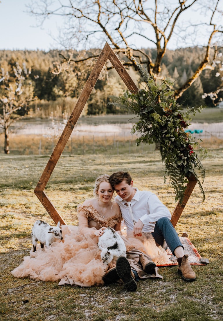 Newlyweds in front of wood diamond ceremony backdrop with baby goats at Yellow Point Farm