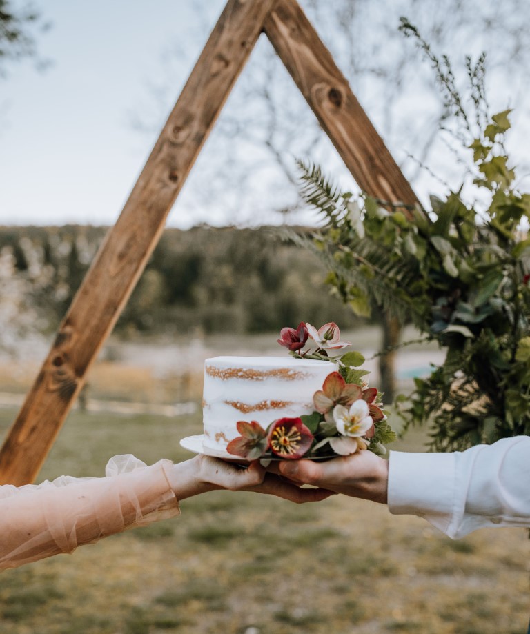 wedding cake held by bride and groom 