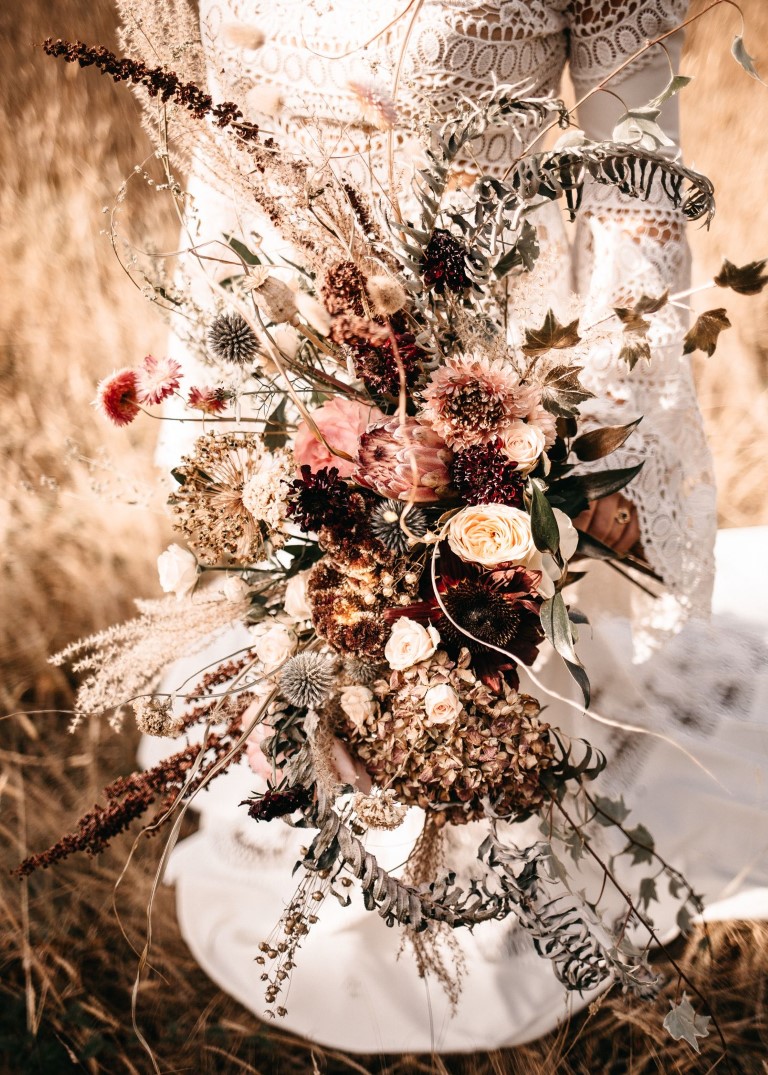 Bridal Bouquet fields of Gold Dahlias and Roses