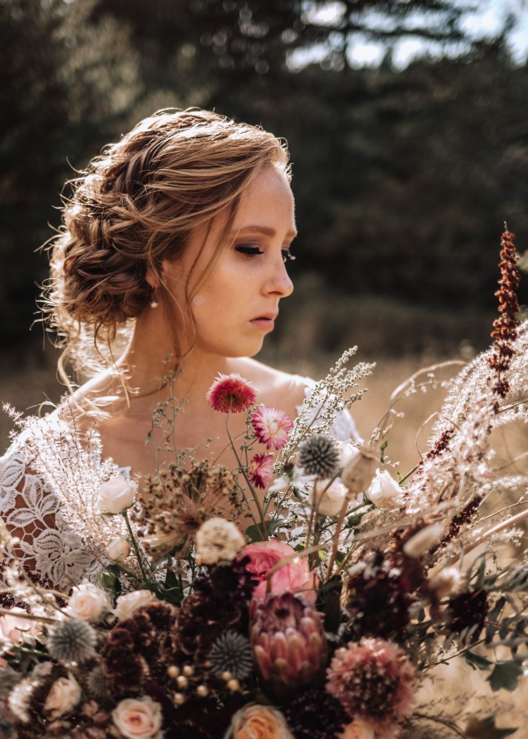 Fields of Gold Landscape Wedding Brides profile Hair and Bouquet