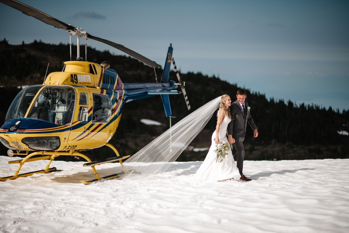 Fly Away With Me Bride and Groom Walk away from Helicopter