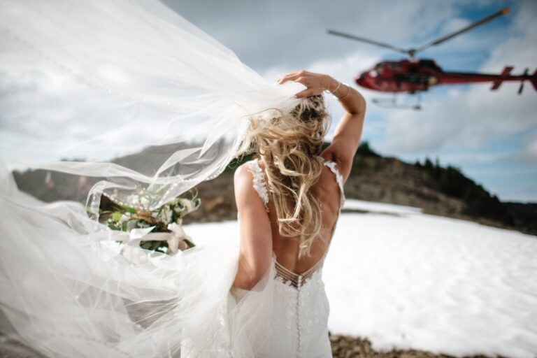 Bride in front of Helicopter