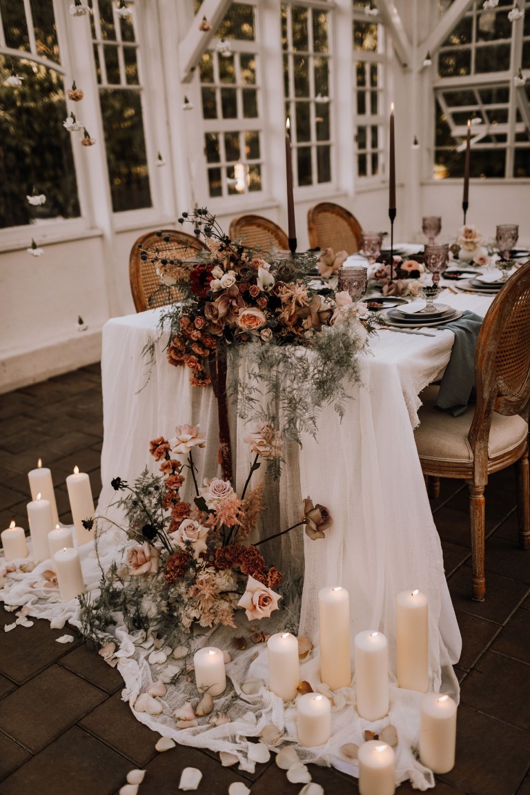 Head table view florals and candles