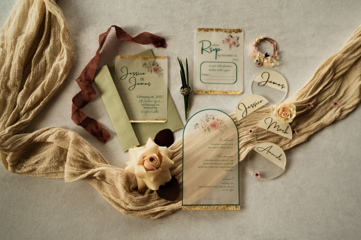 Playful + Pink transparent paper invitations with linen and rose