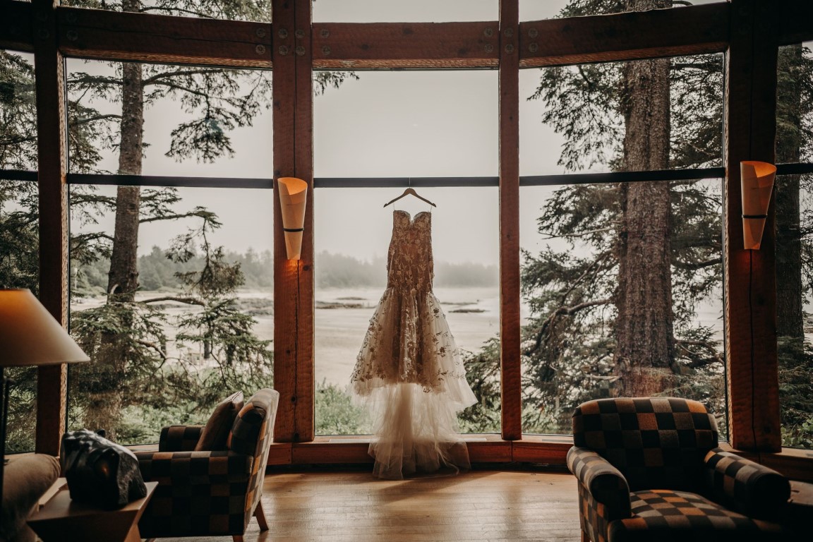 Wedding dress hanging in Window