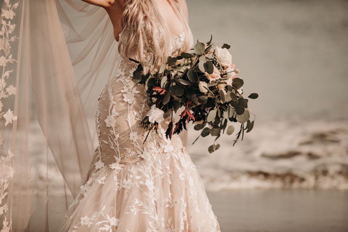 Lace Wedding Dress with Bouquet