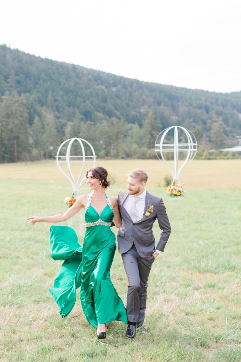 Wedding couple Floating through field in green dress on Vancouver Island
