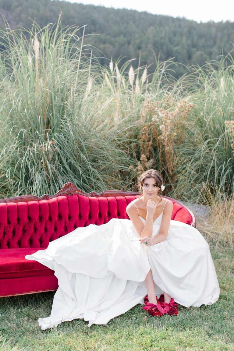 Bride on Ruby Red Sofa