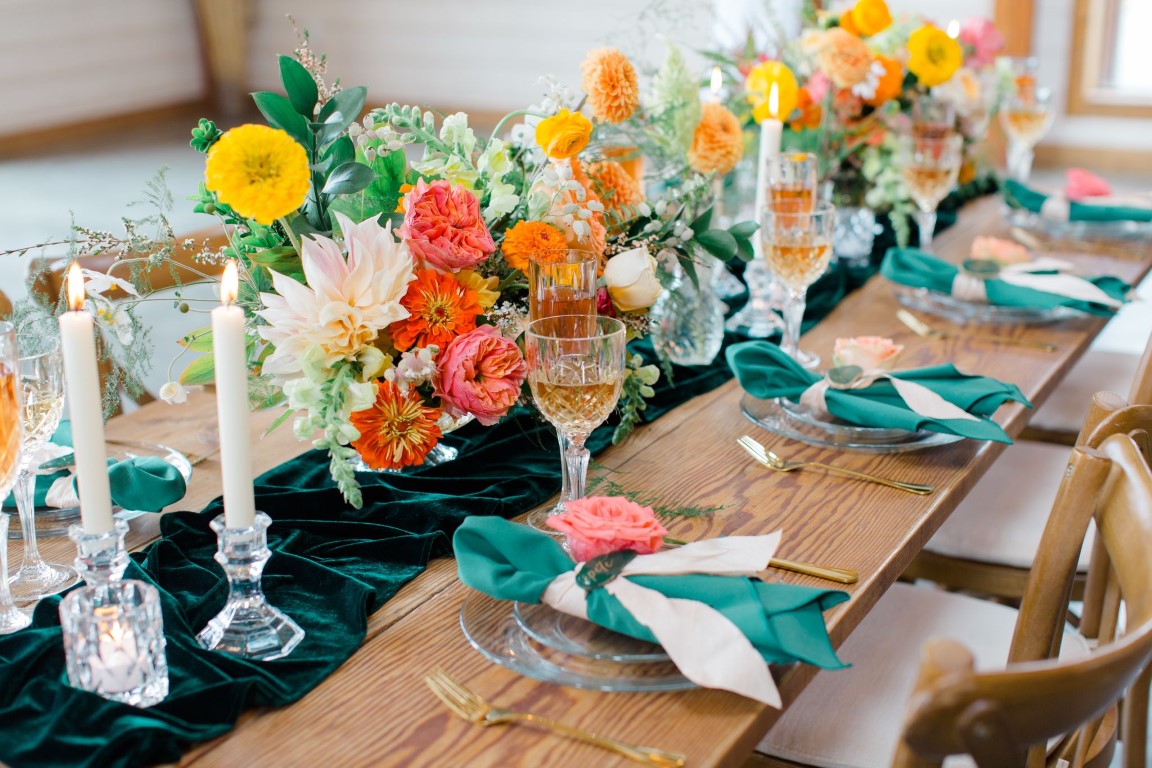 Yellow and Orange Table Settings at Wedding Reception on Vancouver Island