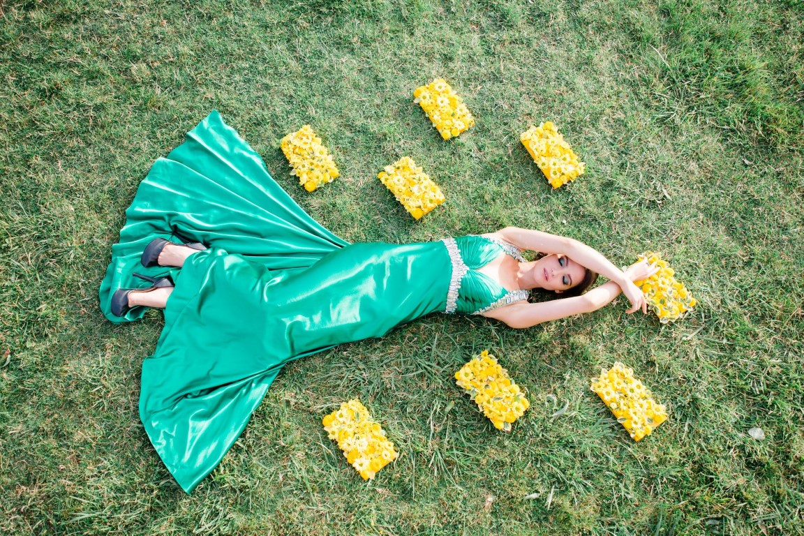 Emerald and Yellow bridal gown on Vancouver Island