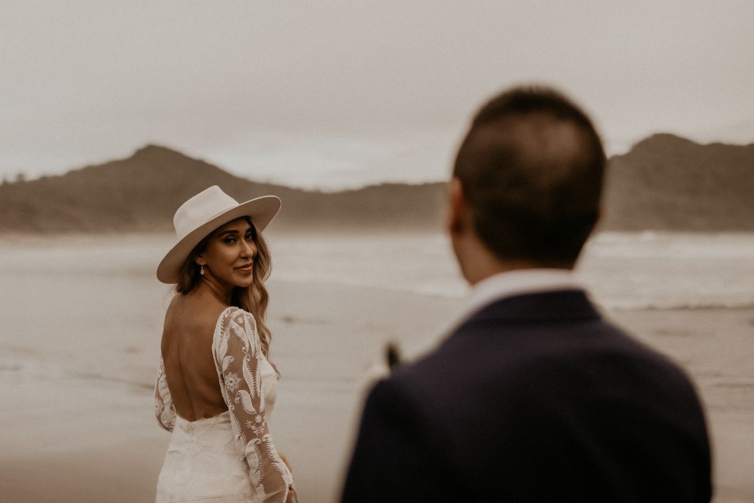 Bride in White Hat on Tofino Beach