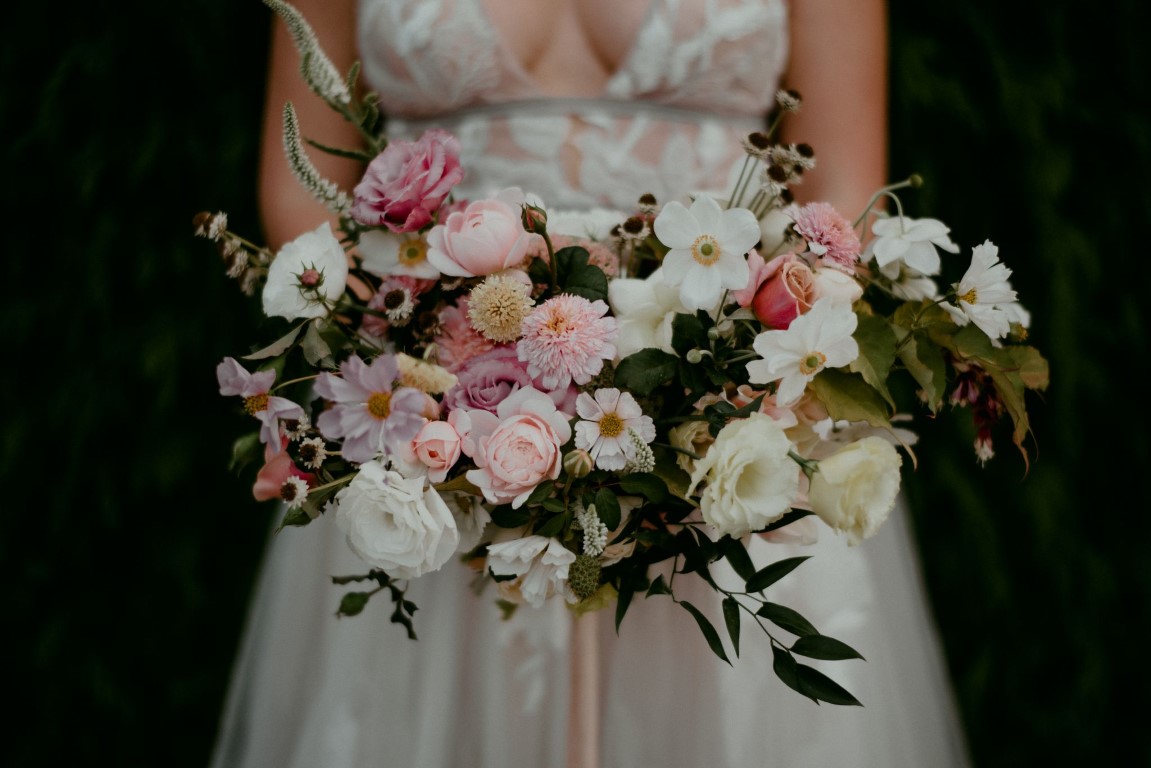 Bridal bouquet of blush roses and eucalyptus