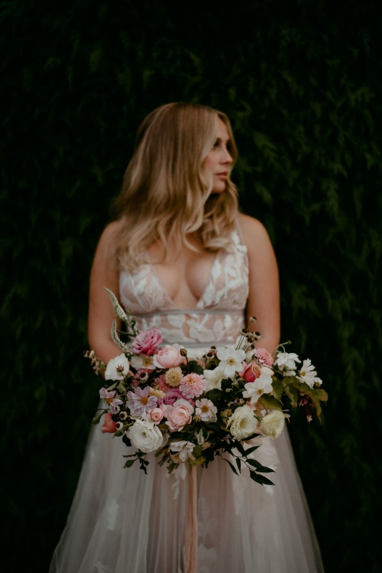 Vancouver Island bride in Watters gown with blush wedding bouquet