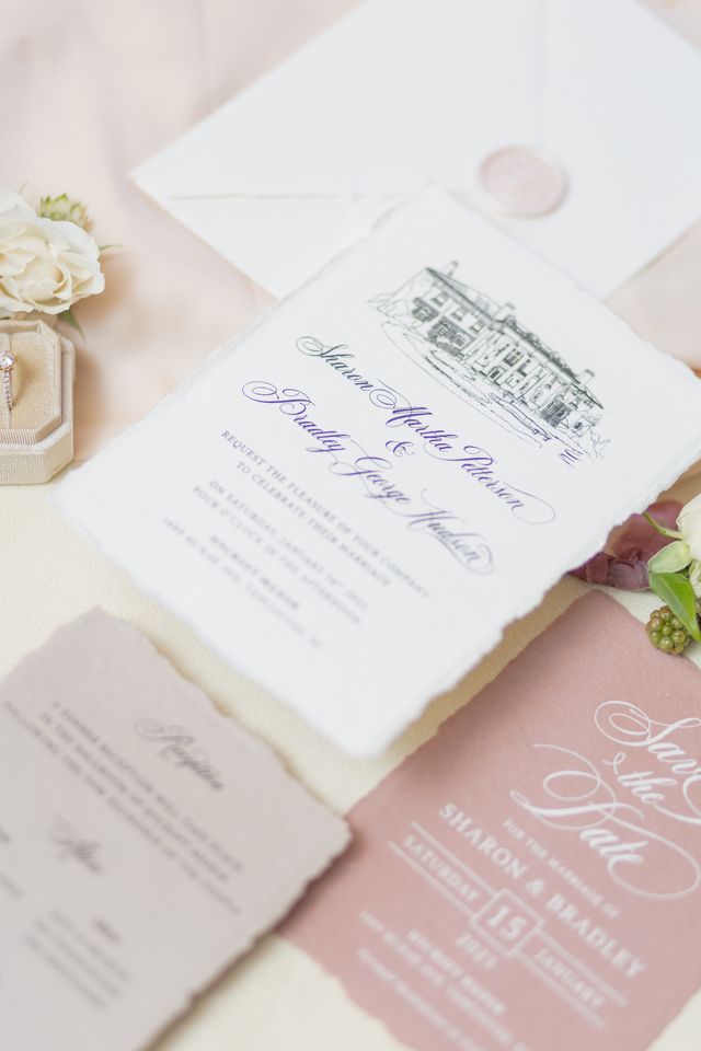 paper suite including save the date hand drawn Hycroft Manor at top of the invitation