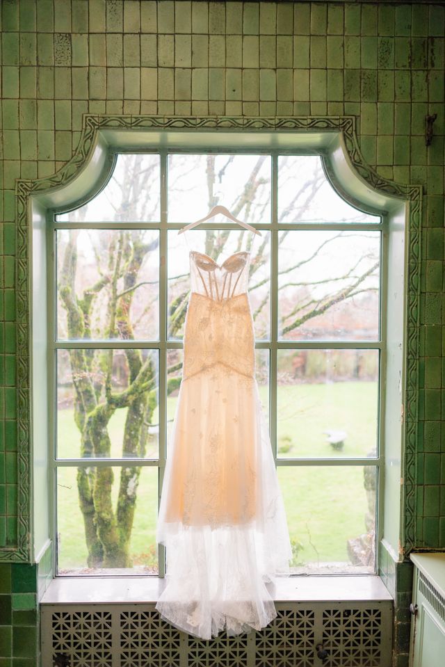 pale pink wedding dress hanging on display in window