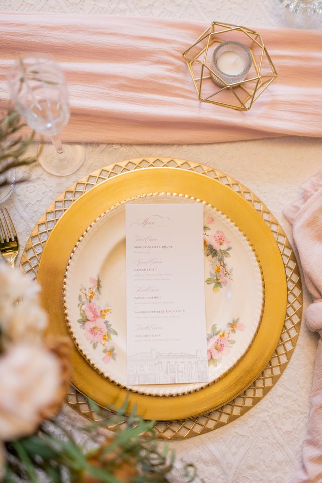 gold charger plate with floral China inset with gold rim holds menu card