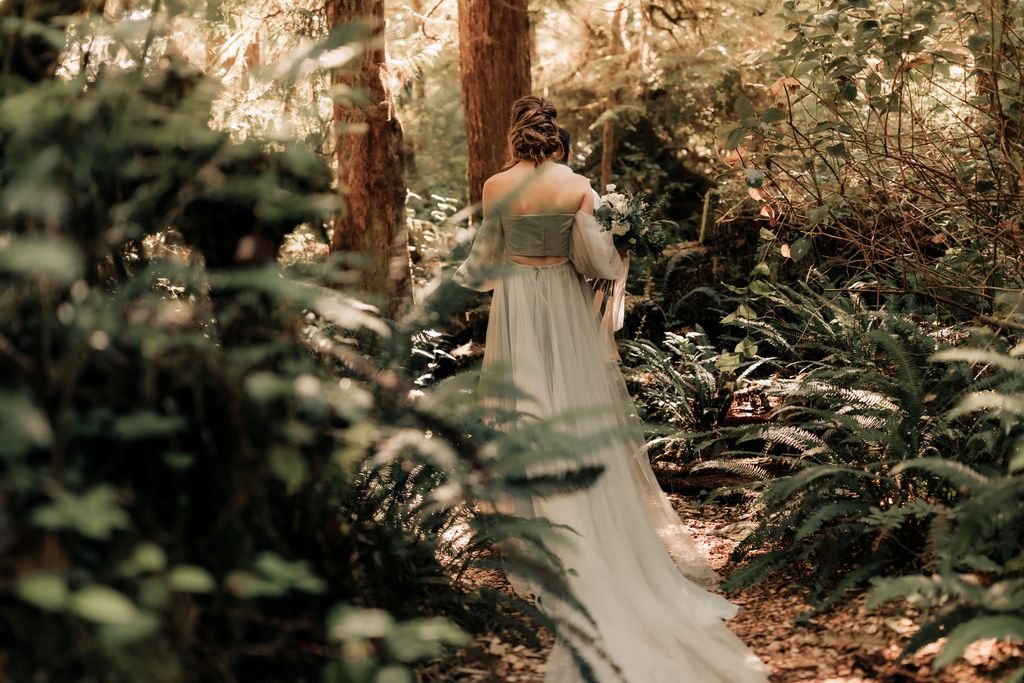 bride walks in forest