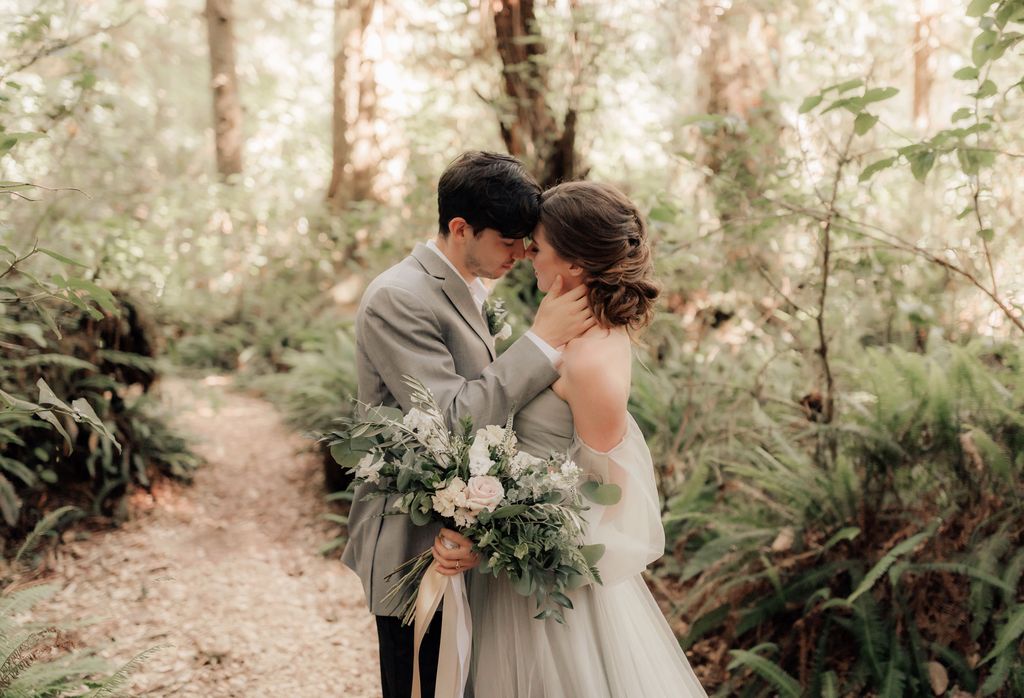 bride and groom share intimate moment