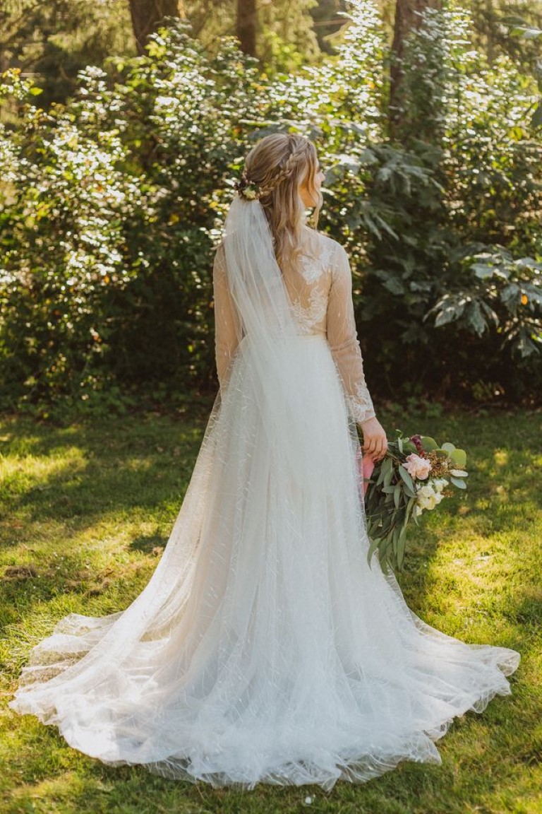 back of bridal gown and back of bride's hair with veil