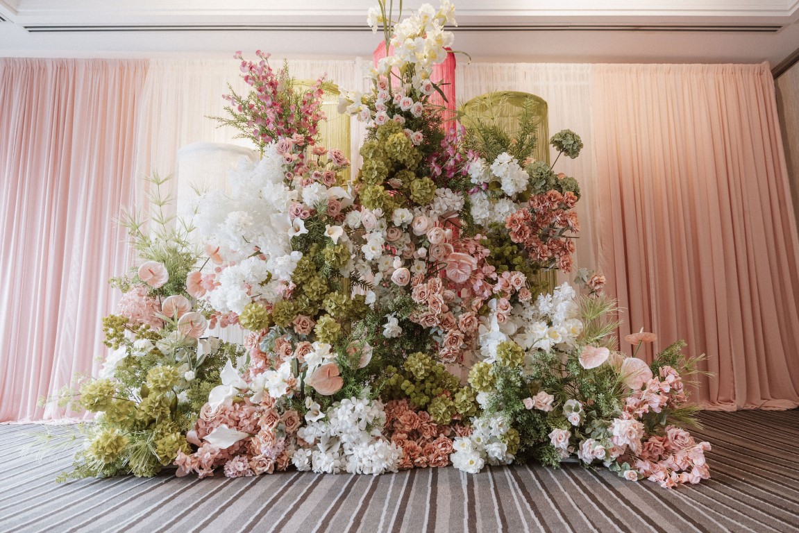 green, pink and white spectacular wedding ceremony backdrop by PROLINE Vancouver