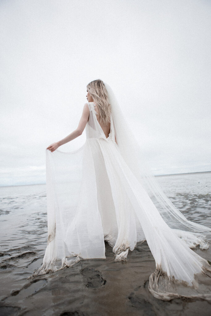 Bride in Jenny Yoo wedding gown on Vancouver beach