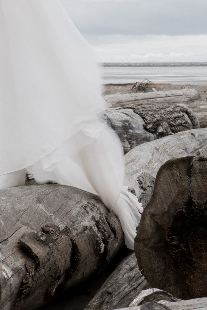 skirt of Jenny Yoo gown on Vancouver beach rocks