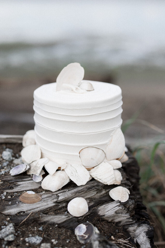 white shell wedding cake on Vancouver beach