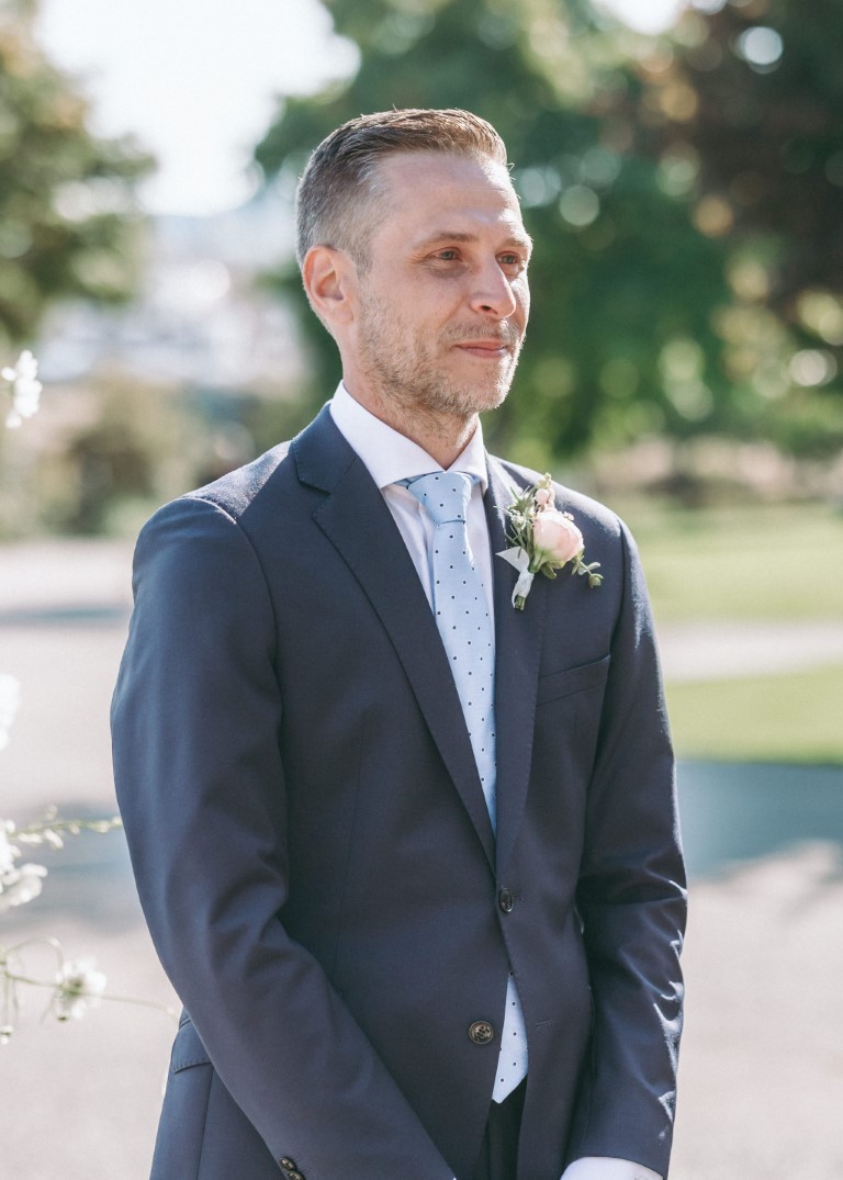 Groom awaits bride at Delta Ocean Pointe Victoria