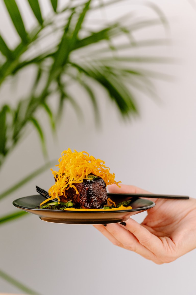 appetizer plate held up against palm tree