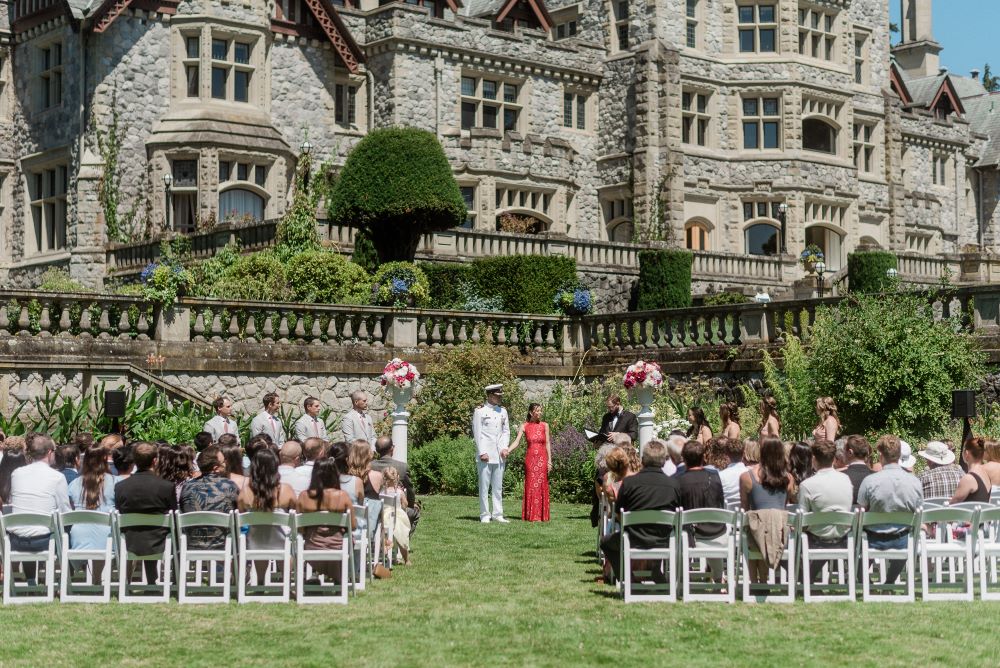 wedding ceremony below historic Hatley Castle on Vancouver Island