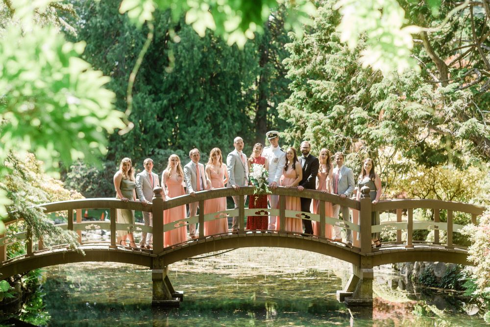 Wedding party on Hatley Castle bridge