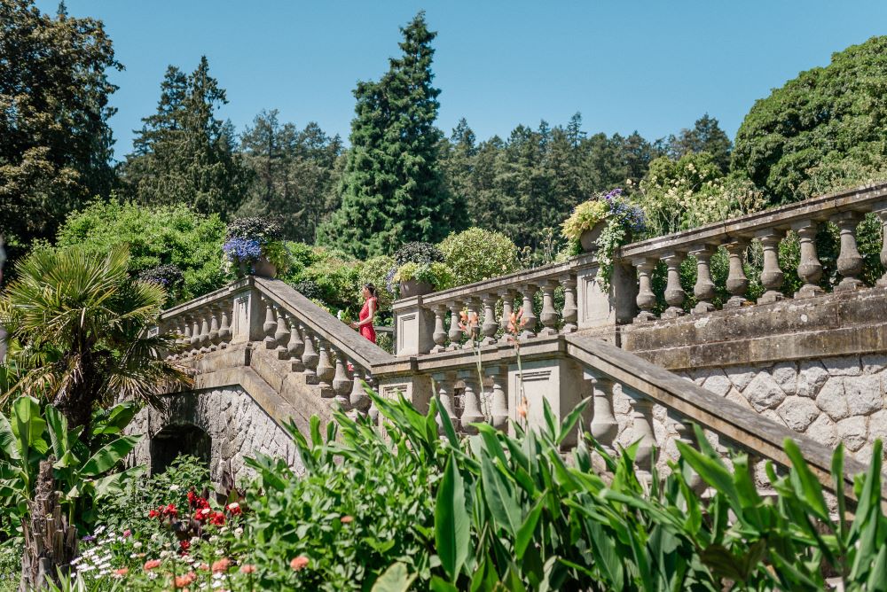 bride in red lace comes down Hatley Castle stairs