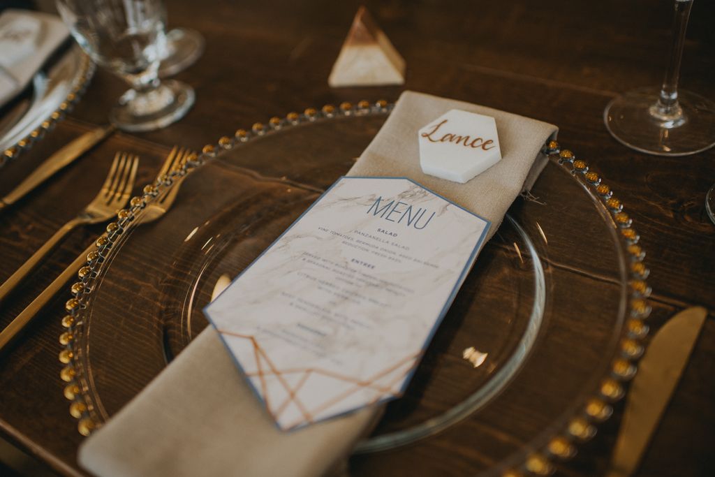 wedding menu on glass plate with gold edge 