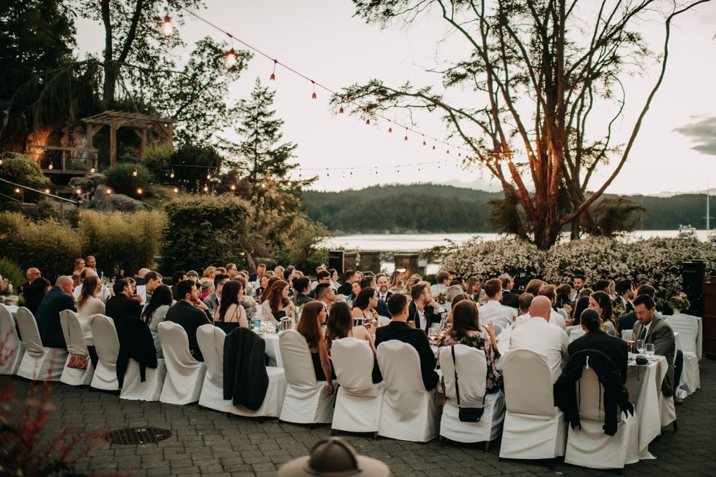 Reception guests at outdoor supper on Pender Island