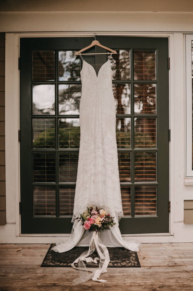 Brides gown in Poet's Cove Resort window