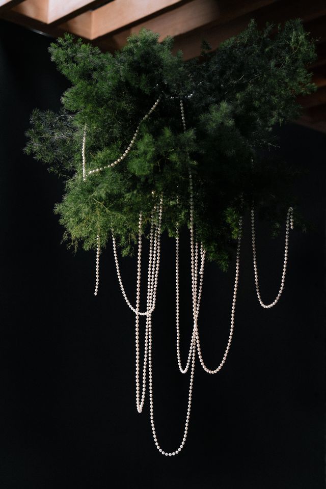 pearls hang from ceiling greenery L'Abattoir Vancouver wedding 