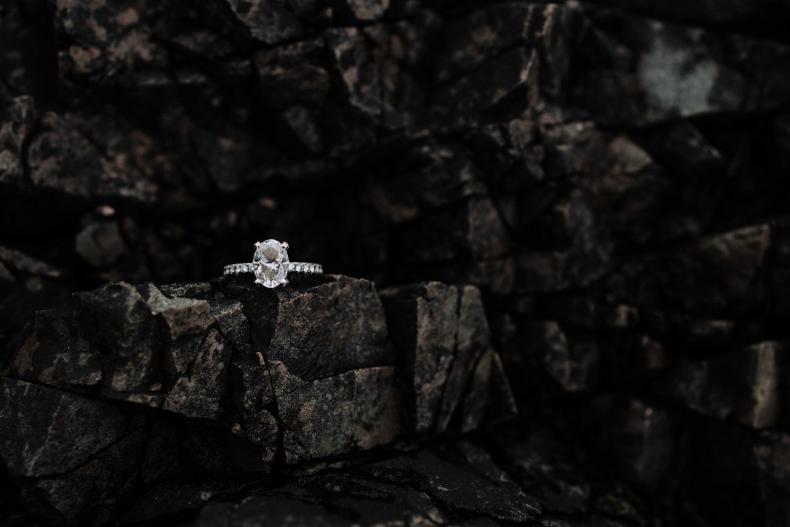 Diamond engagement ring on Tofino rock