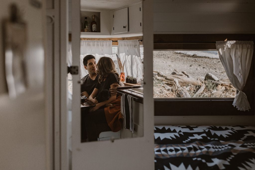 perfect retro trailer white interior engagement shoot