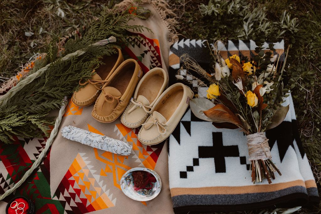 Indigenous moccasins and flowers for elopement