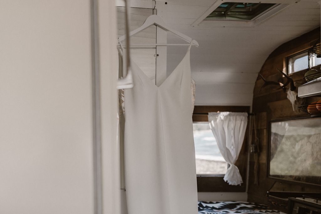 white curtains inside vintage trailer