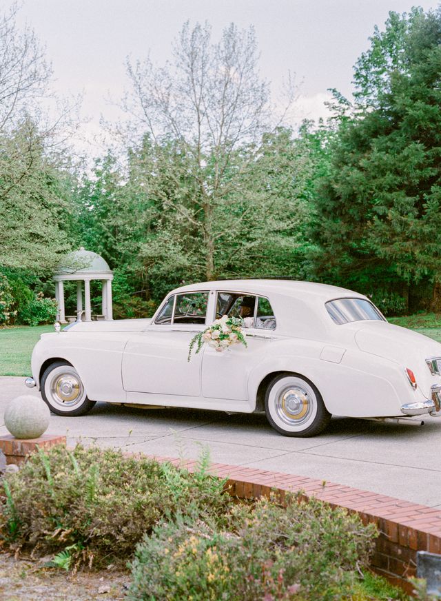 Silver vintage car for newlyweds