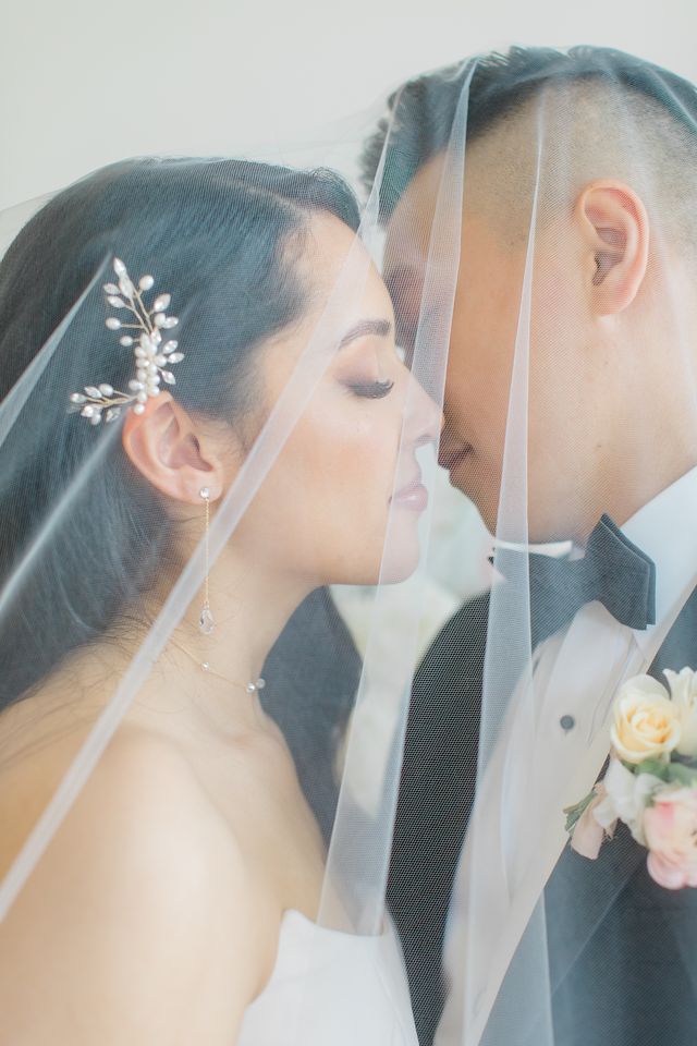 Newlyweds under brides veil