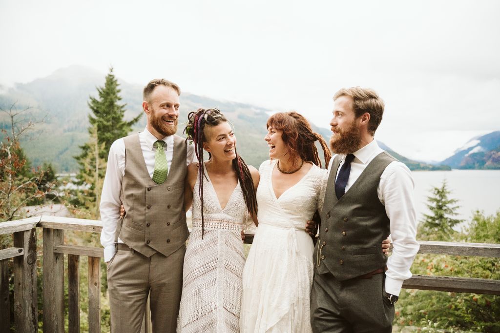 Two wedding couples together