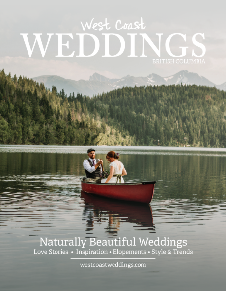 newlyweds in red canoe at Tyax Lodge 2025 West Coast Weddings Magazine cover