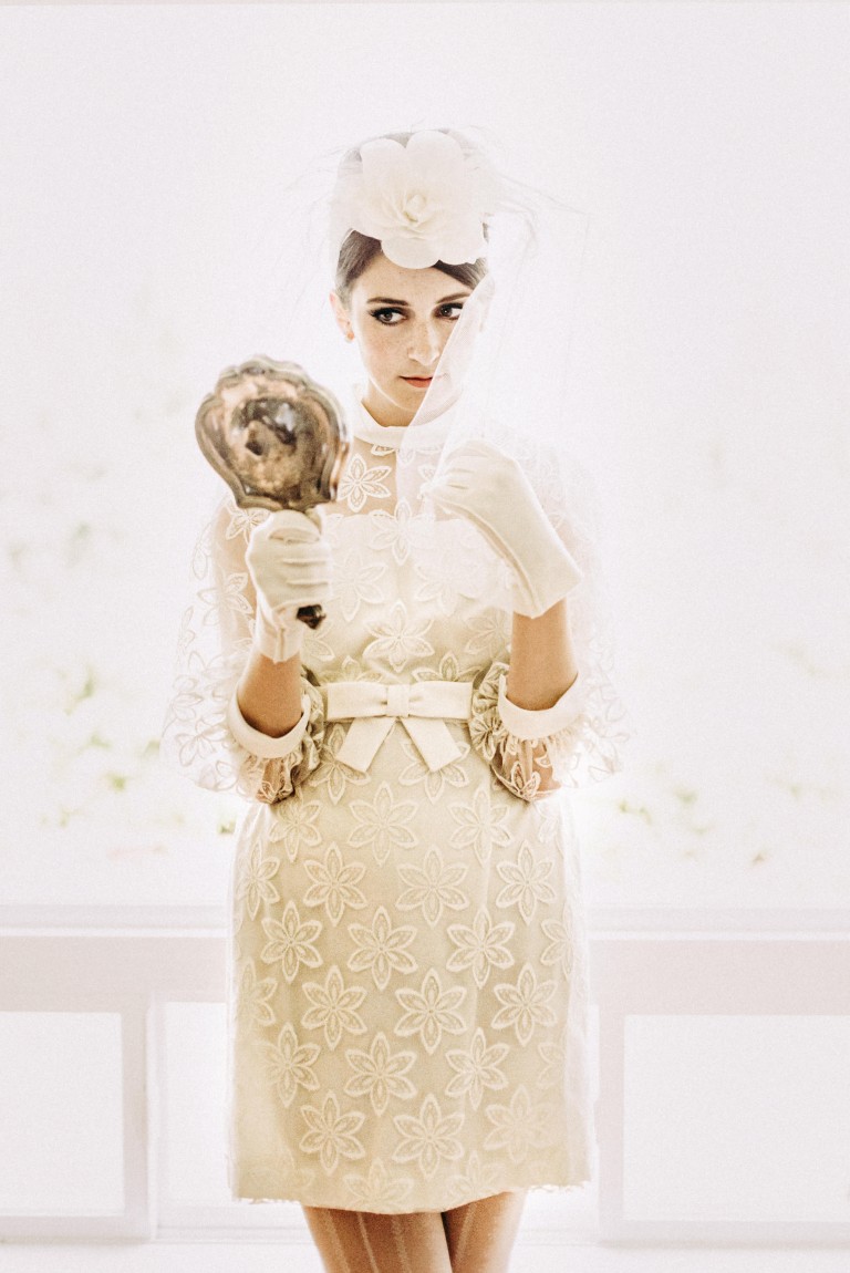 60's beehive bride in white lace vintage gown and hat
